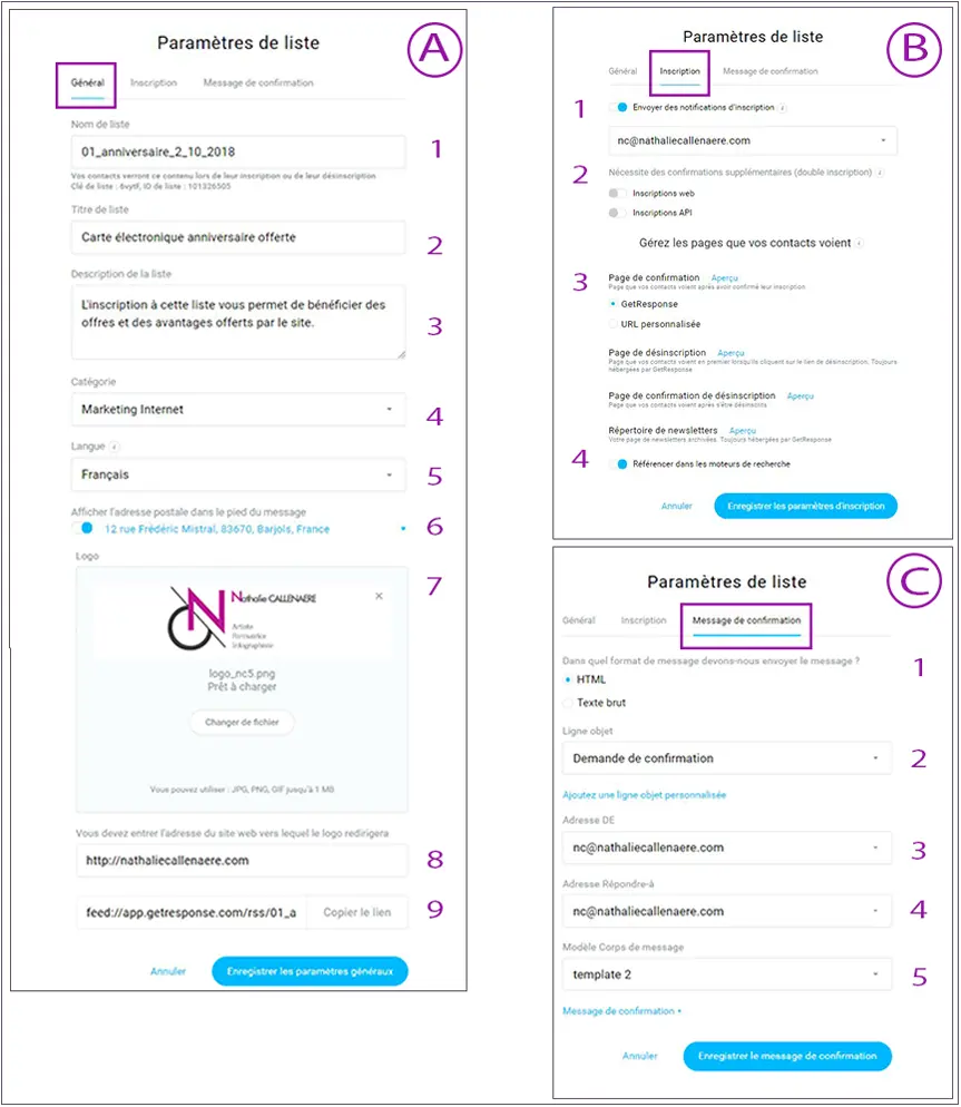 Paramètres de liste Getresponse